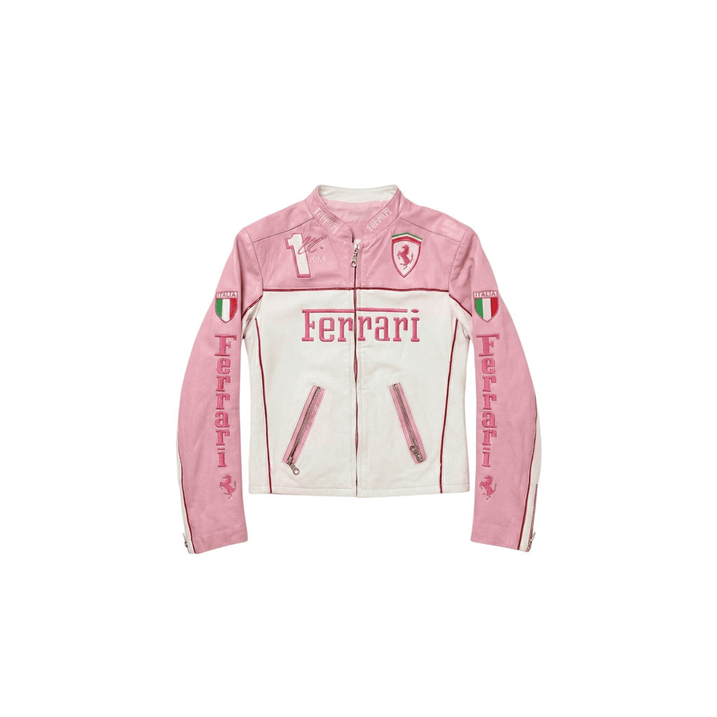 Ferrari F1 Vintage Racing Leather Jacket - Pink & White Edition
