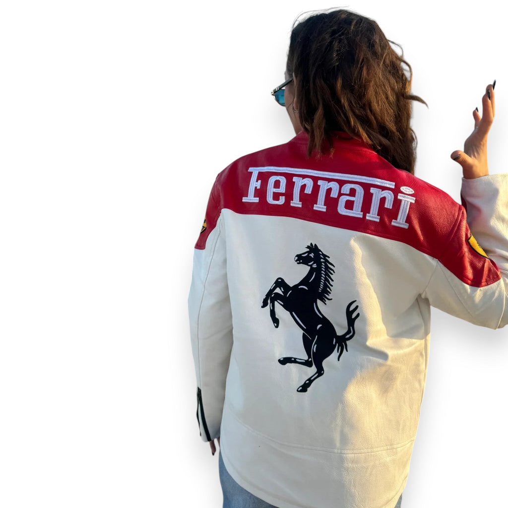 Ferrari Withe Jacket Ferrari White & Red Genuine Leather Jacket – Speedx Karting