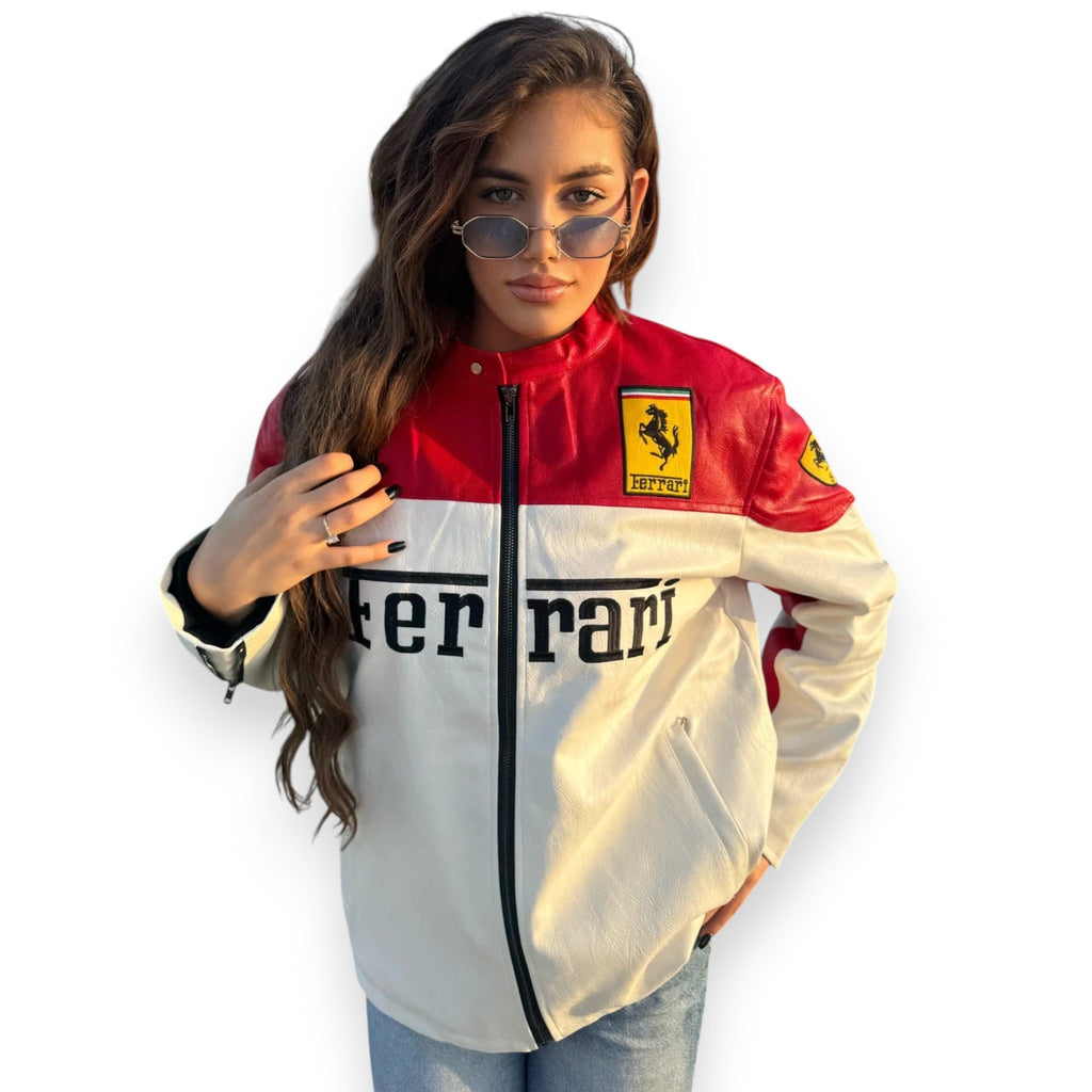 Ferrari White & Red Genuine Leather Jacket