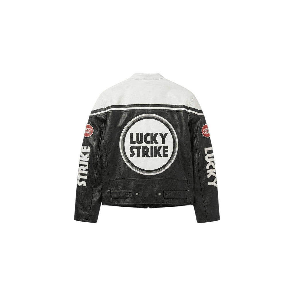 Lucky Strike Vintage Racing Leather Jacket - White & Black Edition