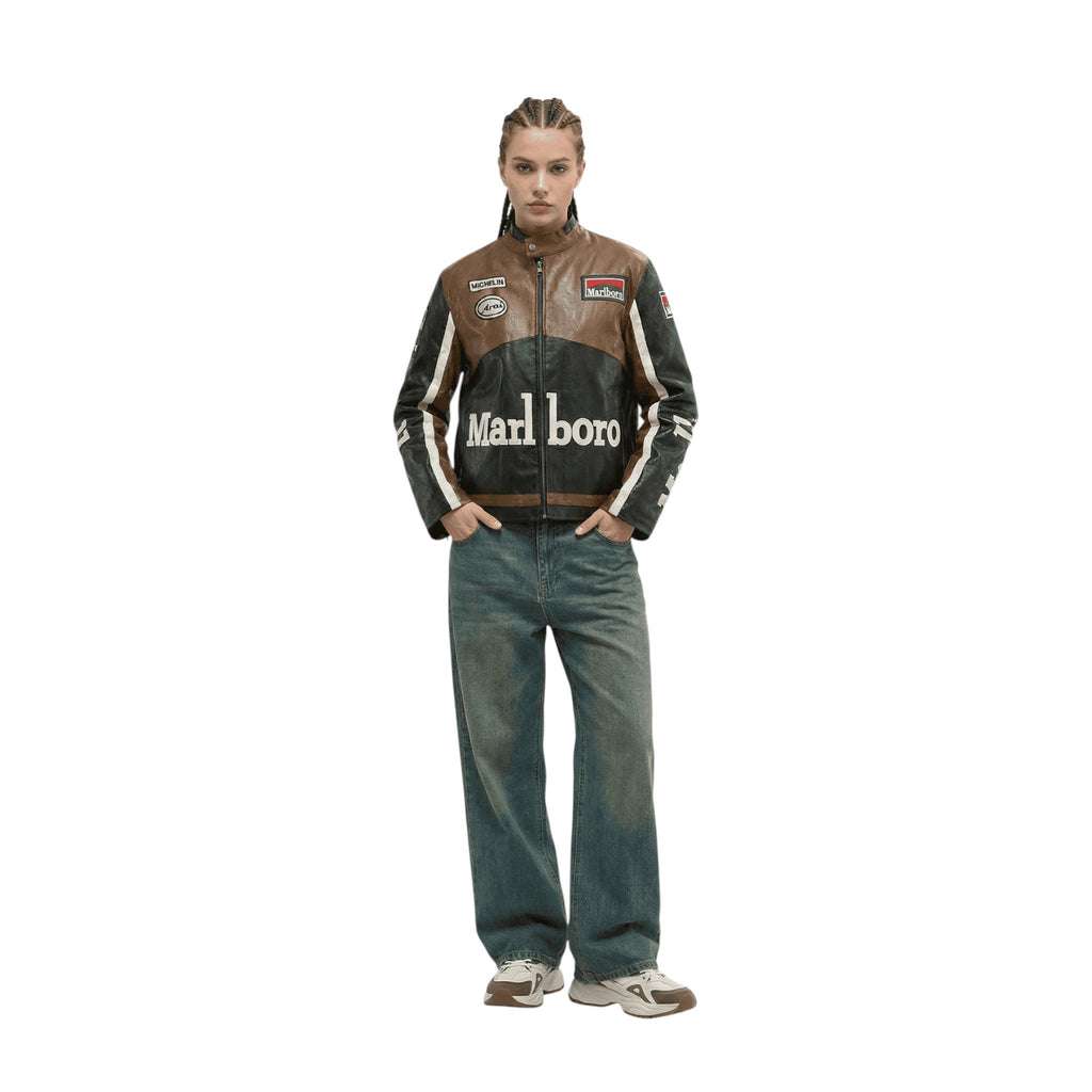 Marlboro Vintage Racing Leather Jacket - Brown & Black Edition