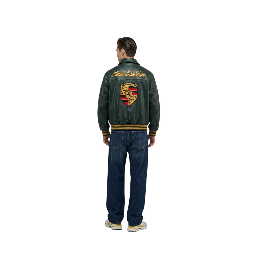 Porsche Vintage Leather Bomber Jacket - Green Edition